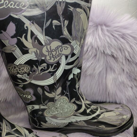 The Sak Tall Rain Boots Size 10 Black Purple Grey Bird Flowers Peace Happy Free - Picture 6 of 8